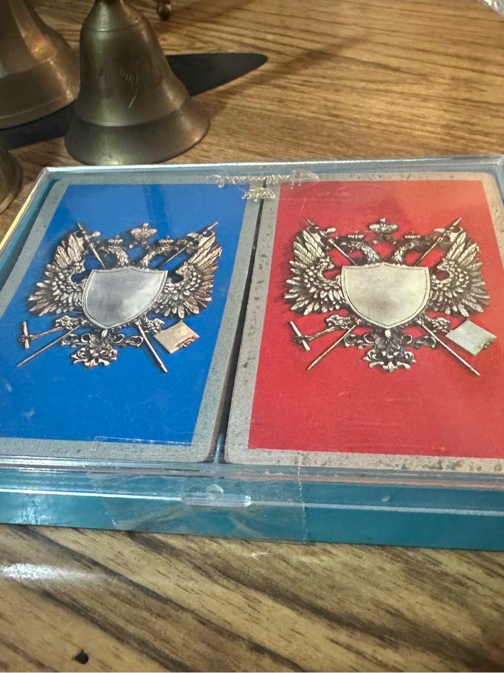 Vintage Playing Cards with Red and Blue Shield Emblems